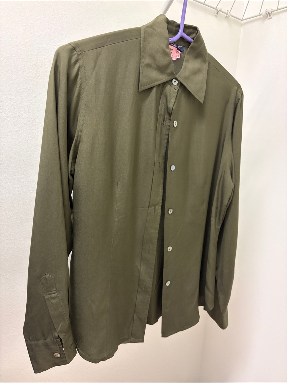 Harold's Olive Green vintage Long Sleeve Button-Down silk Shirt